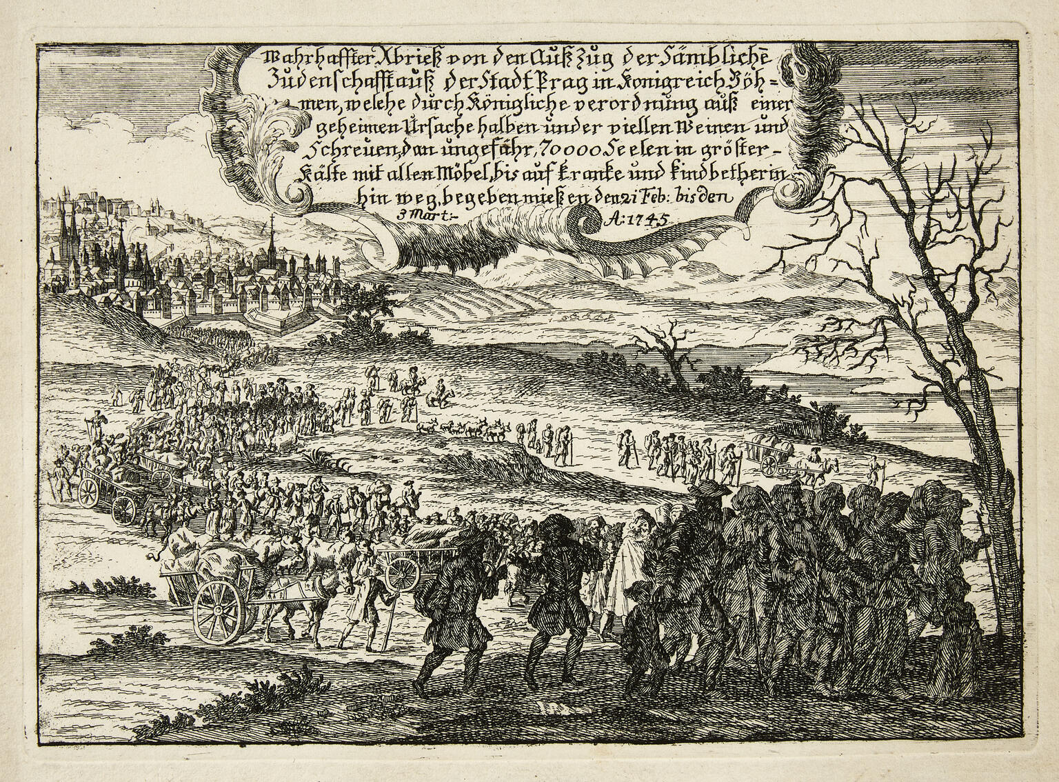 Print of long procession of people on foot and some horses with wagons walking out of a city across hills, with German text above. 