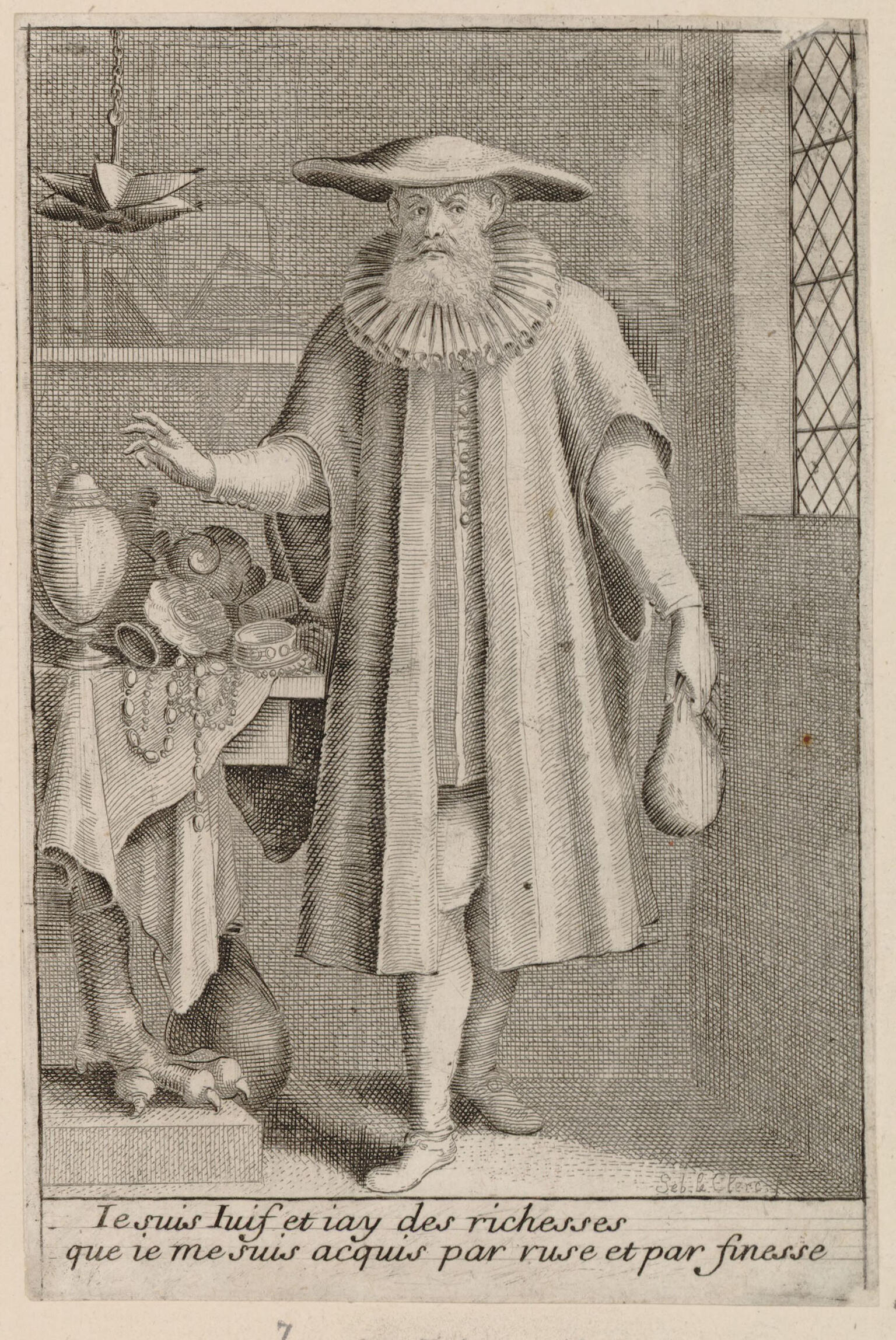 Printed engraving of man wearing hat and collar and holding bag, standing next to table with jewelry and household objects, and French caption. Printed engraving of man wearing hat and collar and holding bag, standing next to table with jewelry and household objects, and French caption.