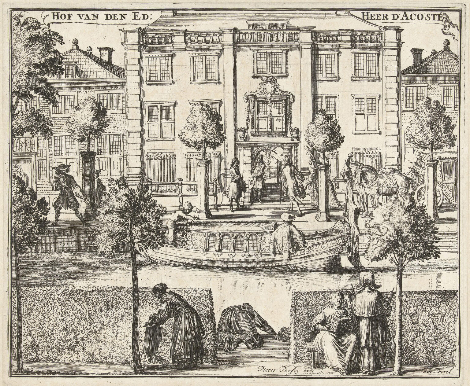 Drawing of front view of a house on the far side of a canal, with people in front of the canal and alongside the house.