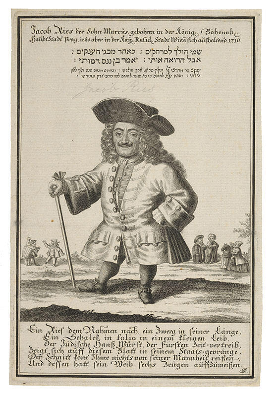 Drawing of a man of short stature with long wavy hair and a hat, holding a cane in right hand with left hand on hip, with figures in background and Hebrew and German writing above and below picture.