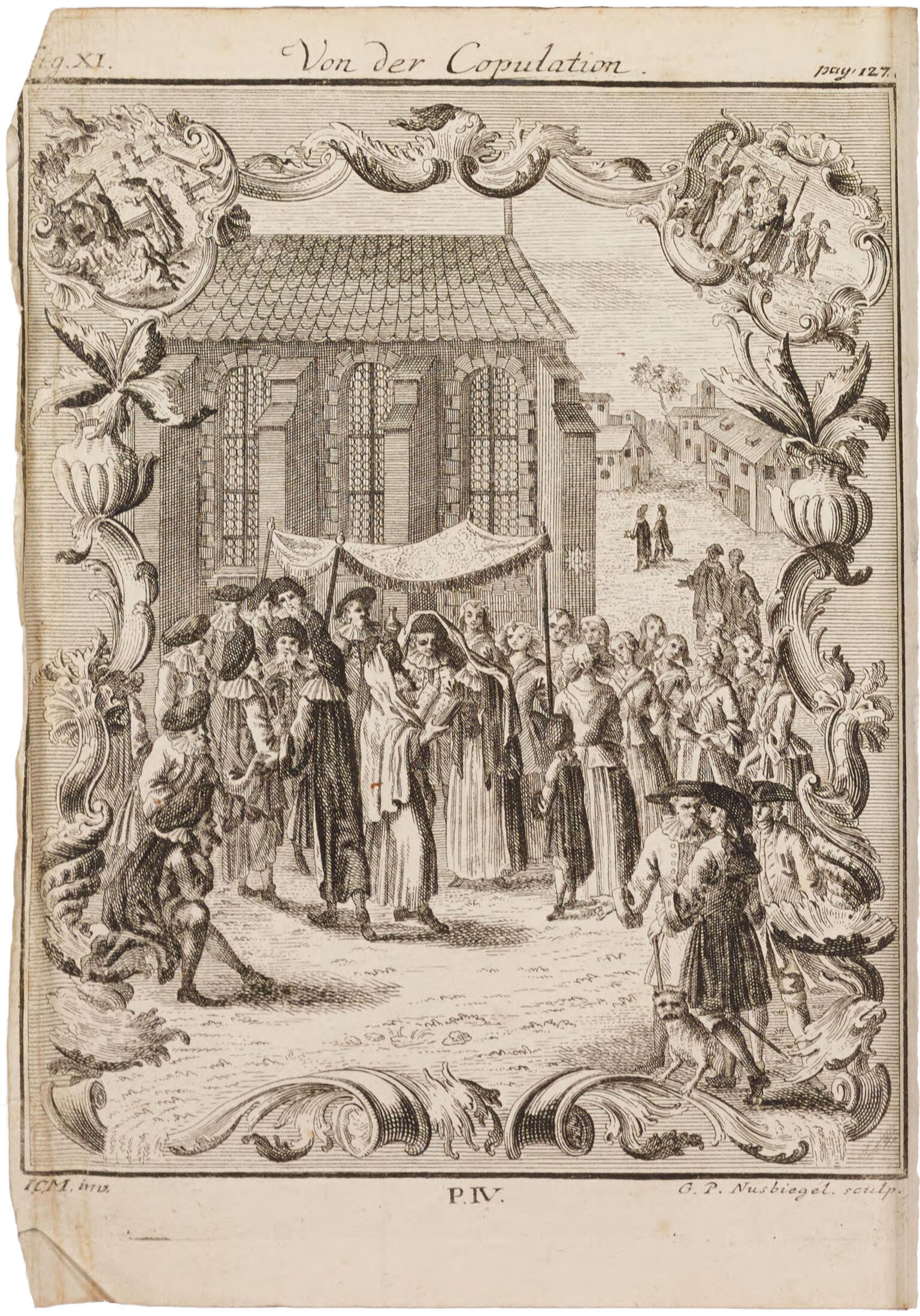 Print of couple under canopy with crowd of people looking, in front of building exterior with tall windows.