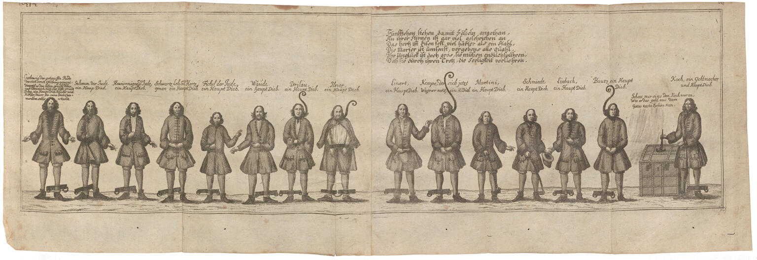 Drawing of men in fetters arranged in a line, some with ropes around their necks, and German text above. Drawing of men in fetters arranged in a line, some with ropes around their necks, and German text above.