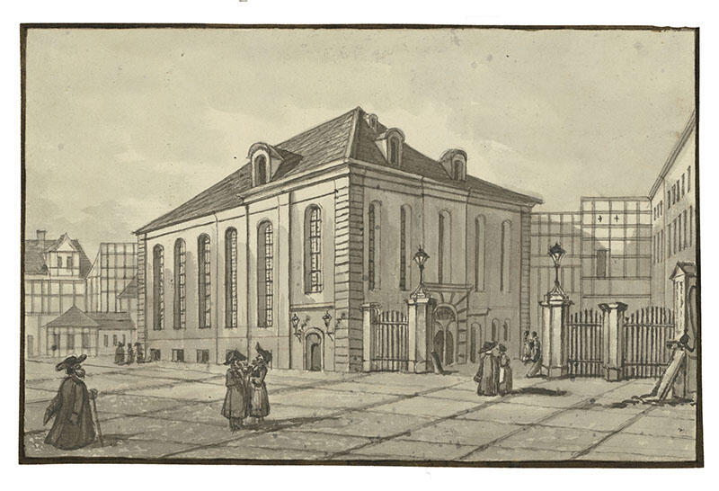 Print engraving of building exterior with tall windows and several people standing on courtyard outside.