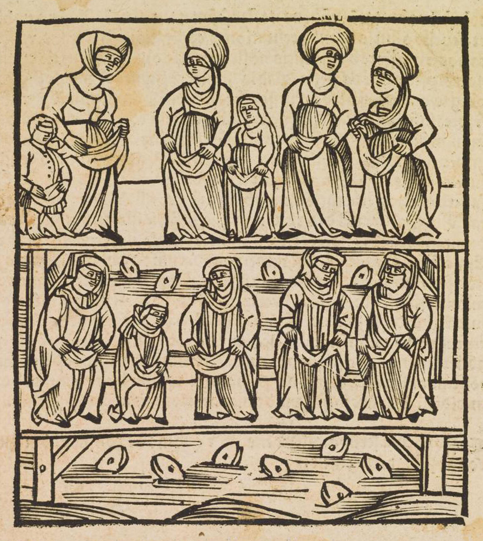 Print image of two rows of people in front of river with fish in it.