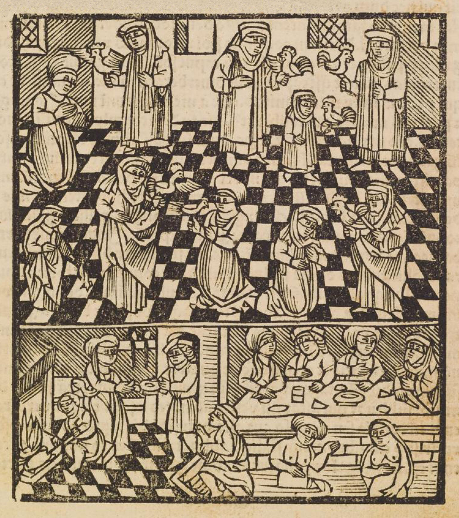 Print image of people indoors holding roosters in top panel and people eating and bathing in bottom panel.