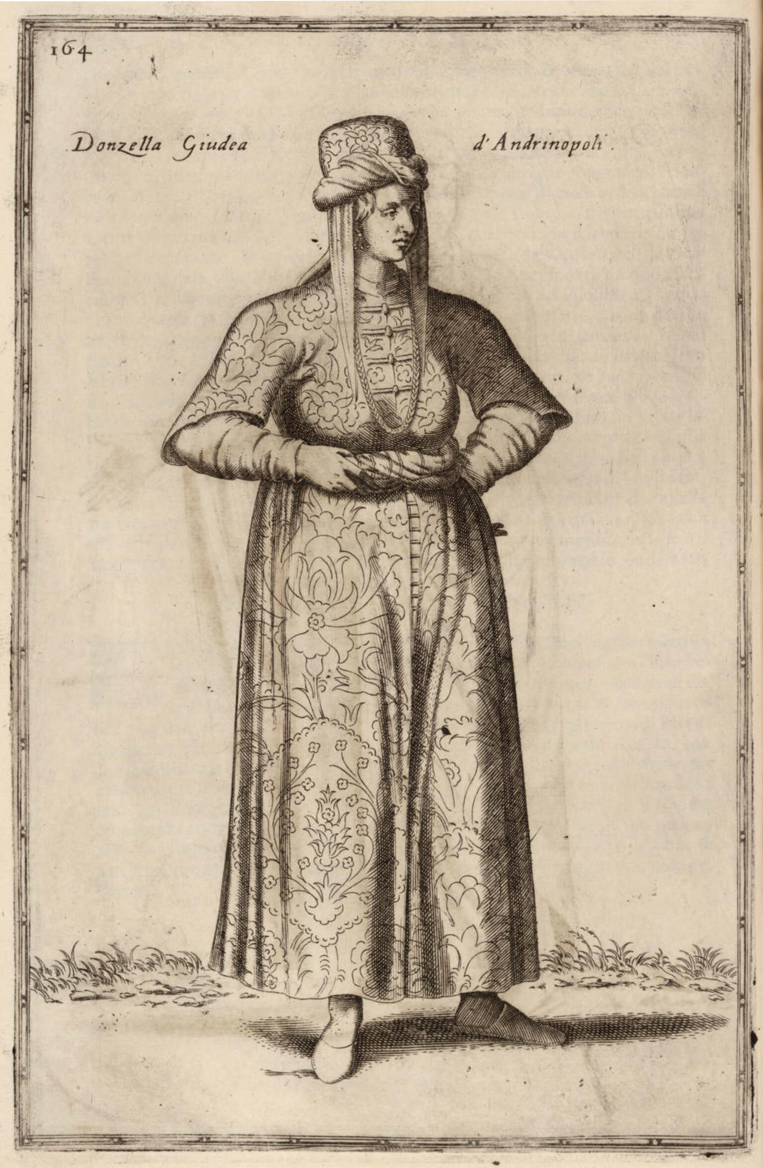 Illustration of woman standing and wearing decorated dress and hat. 