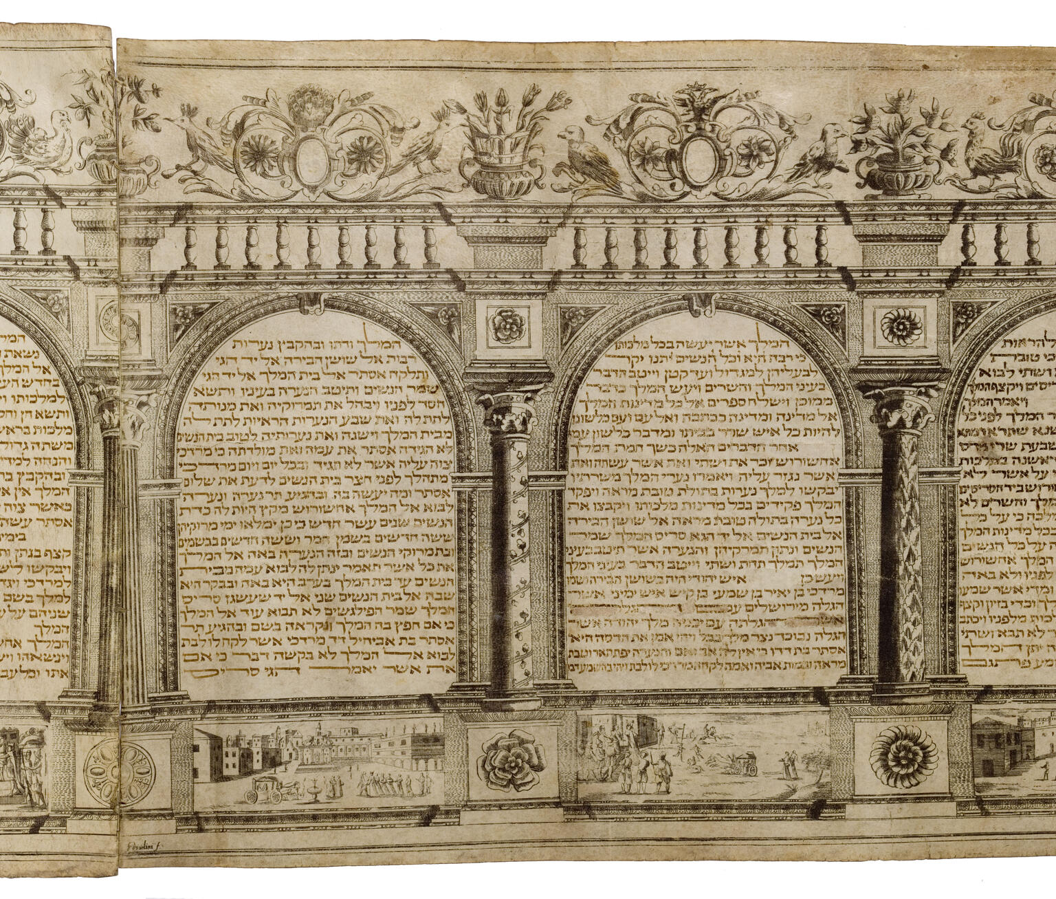 Page of printed Hebrew text surrounded by arches and decorative flowers and foliage, and town scenes in bottom register. Page of printed Hebrew text surrounded by arches and decorative flowers and foliage, and town scenes in bottom register.