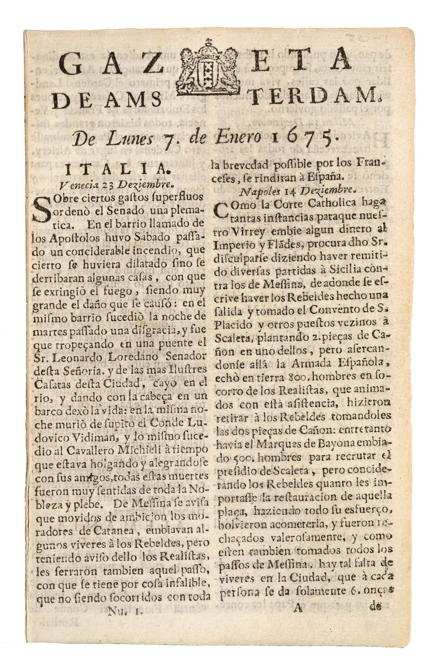 Newspaper page with two columns of text in Spanish and crest with lion on top. 