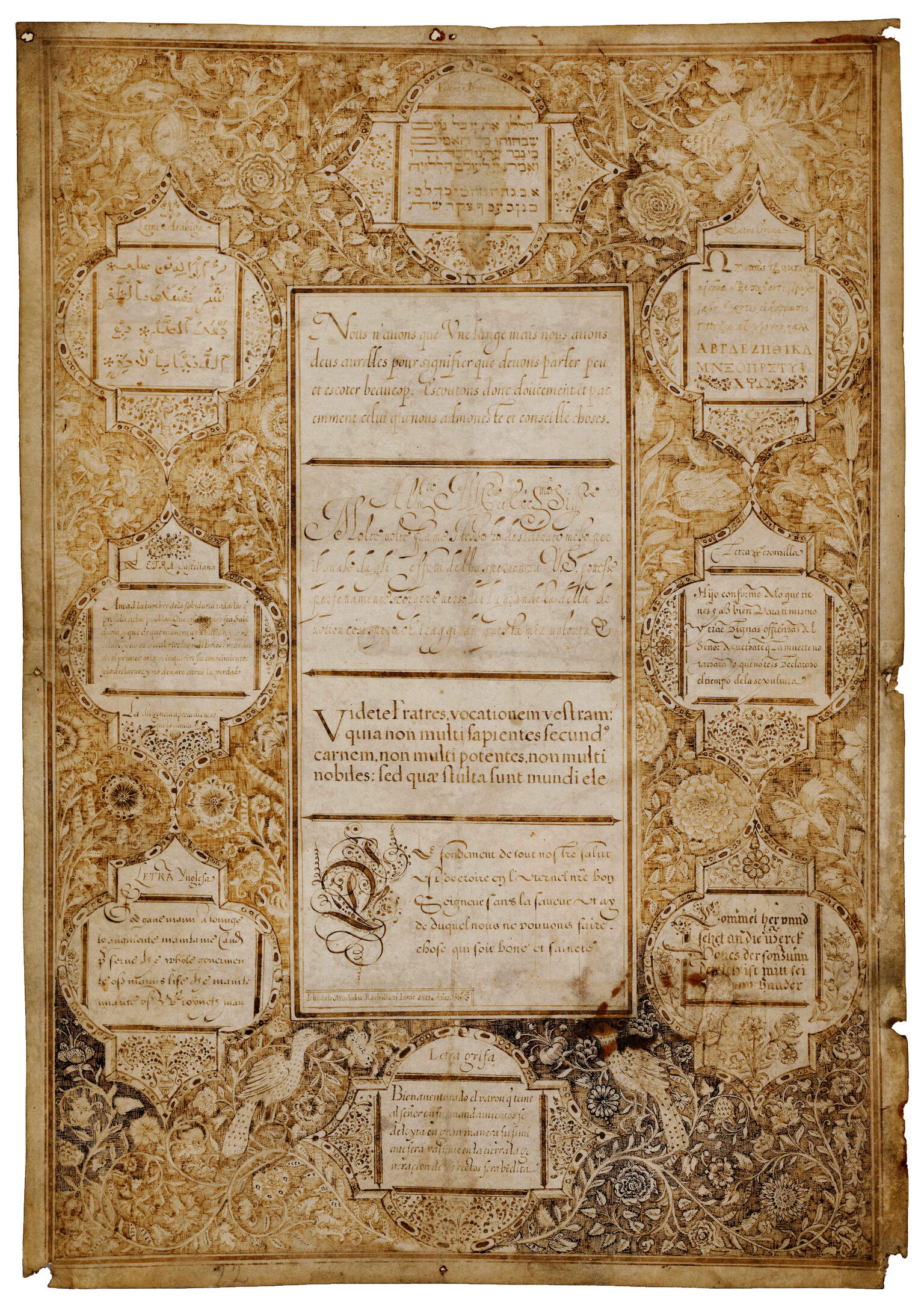 Multilingual Exemplar Leaf Decorative page of birds, flowers, and rectangular sections of different scripts.