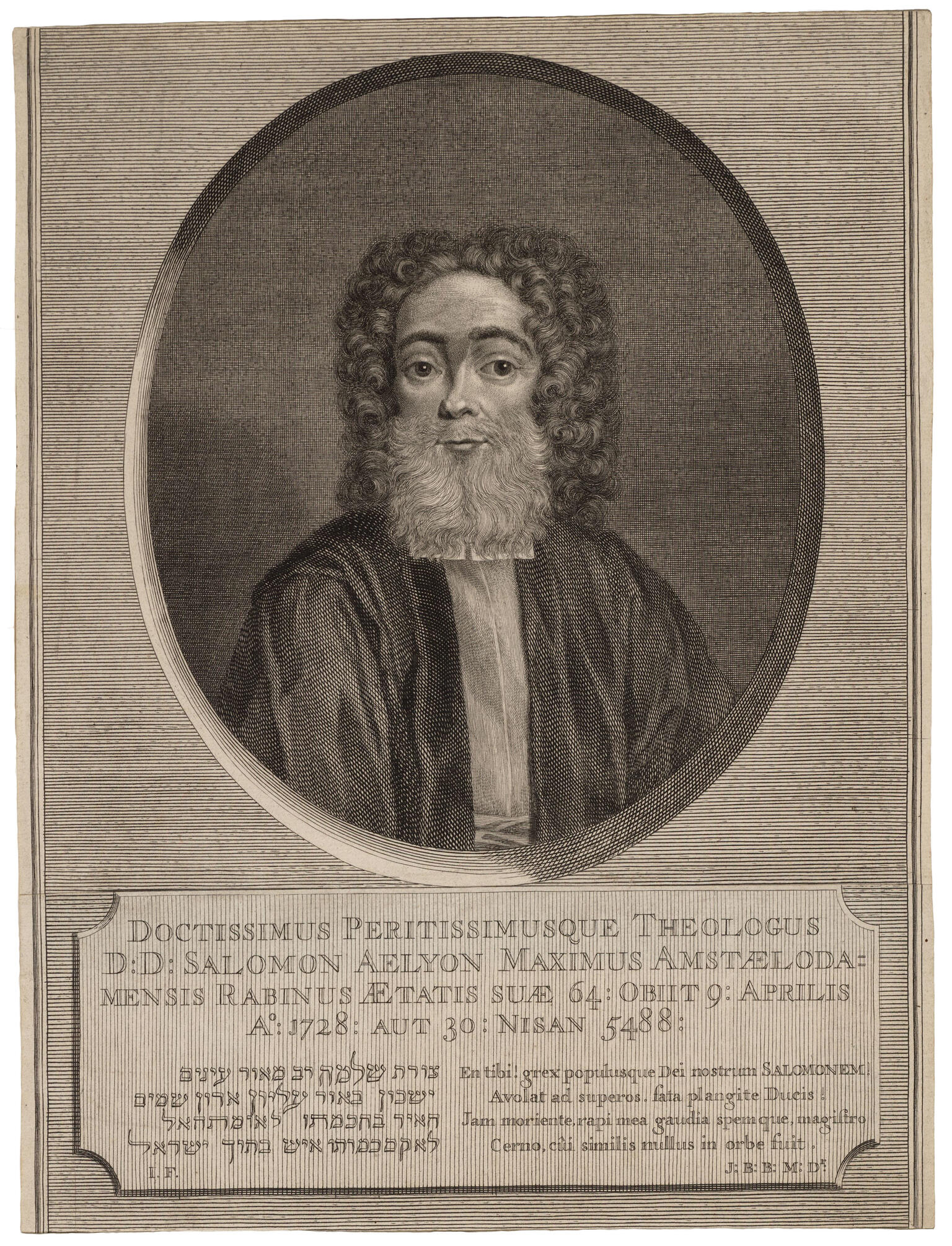 Portrait of Solomon Ayllon (1660/64–1728), Chief Rabbi of the Sephardic Congregations in London and Amsterdam from 1700 to 1728 Print portrait of man with curly wig and beard in oval frame, and Latin and Hebrew text below.