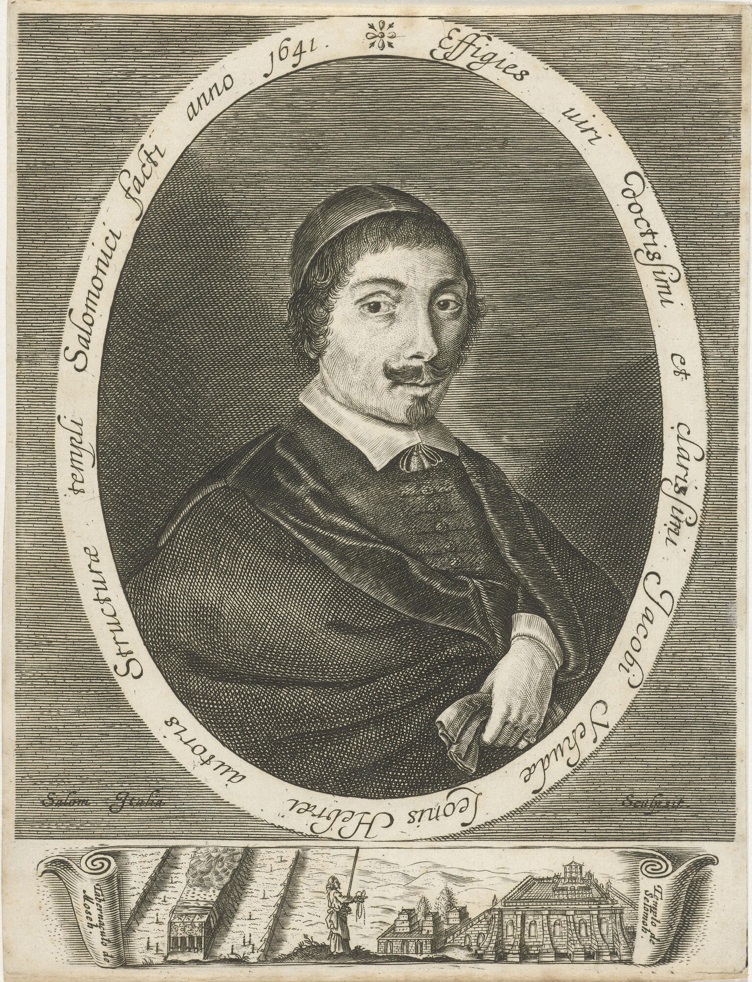 Print of man in moustache and skullcap facing viewer and holding cloth in left hand, encircled by Latin text. Beneath his portrait is an unraveled scroll with illustration of figures and large buildings.