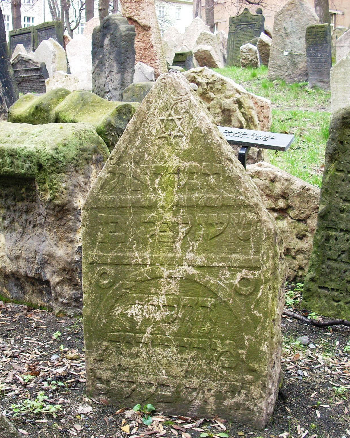 Tombstone in graveyard with triangular top, Hebrew inscription, and Star of David. 