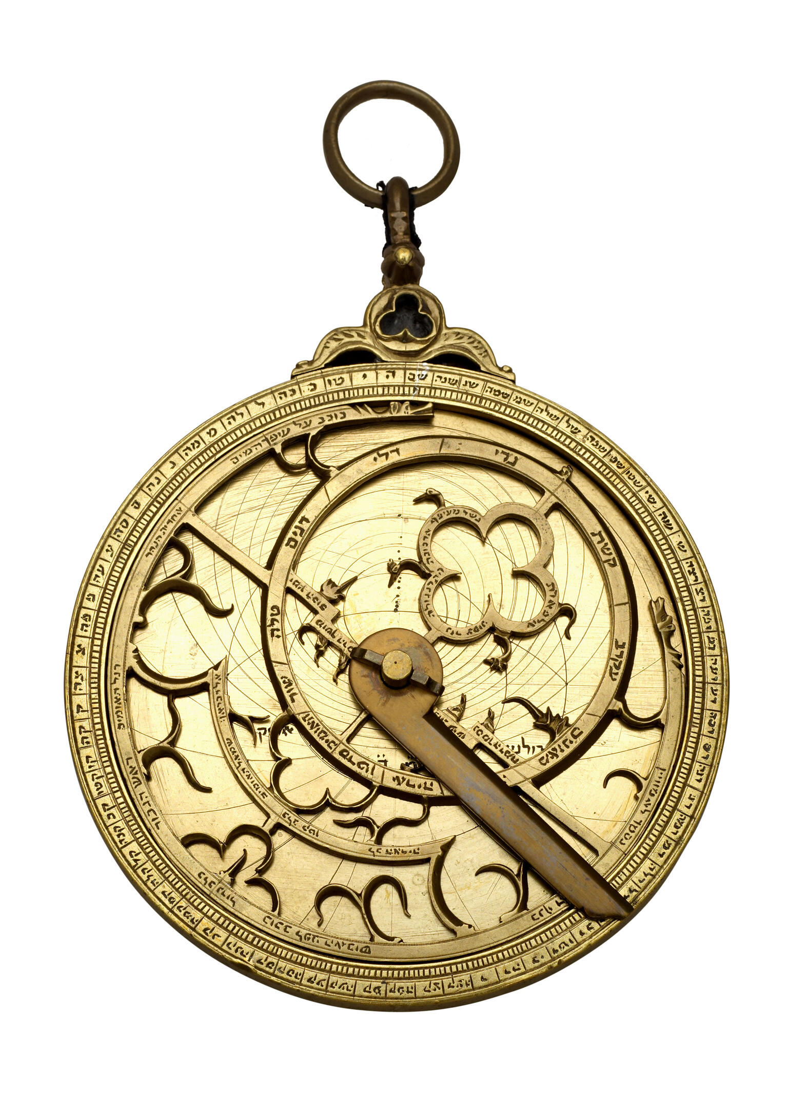 Watch-like device with concentric circles, inner geometric shapes and hands.