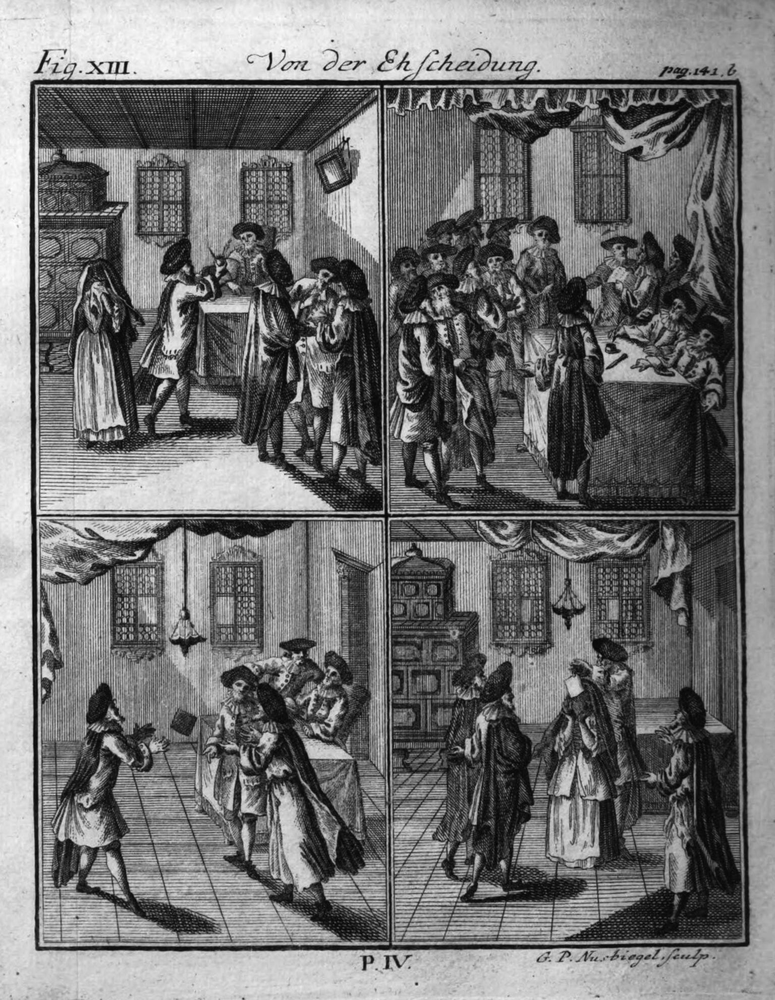 Print of four panels of people talking in interior spaces. Print of four panels of people talking in interior spaces.