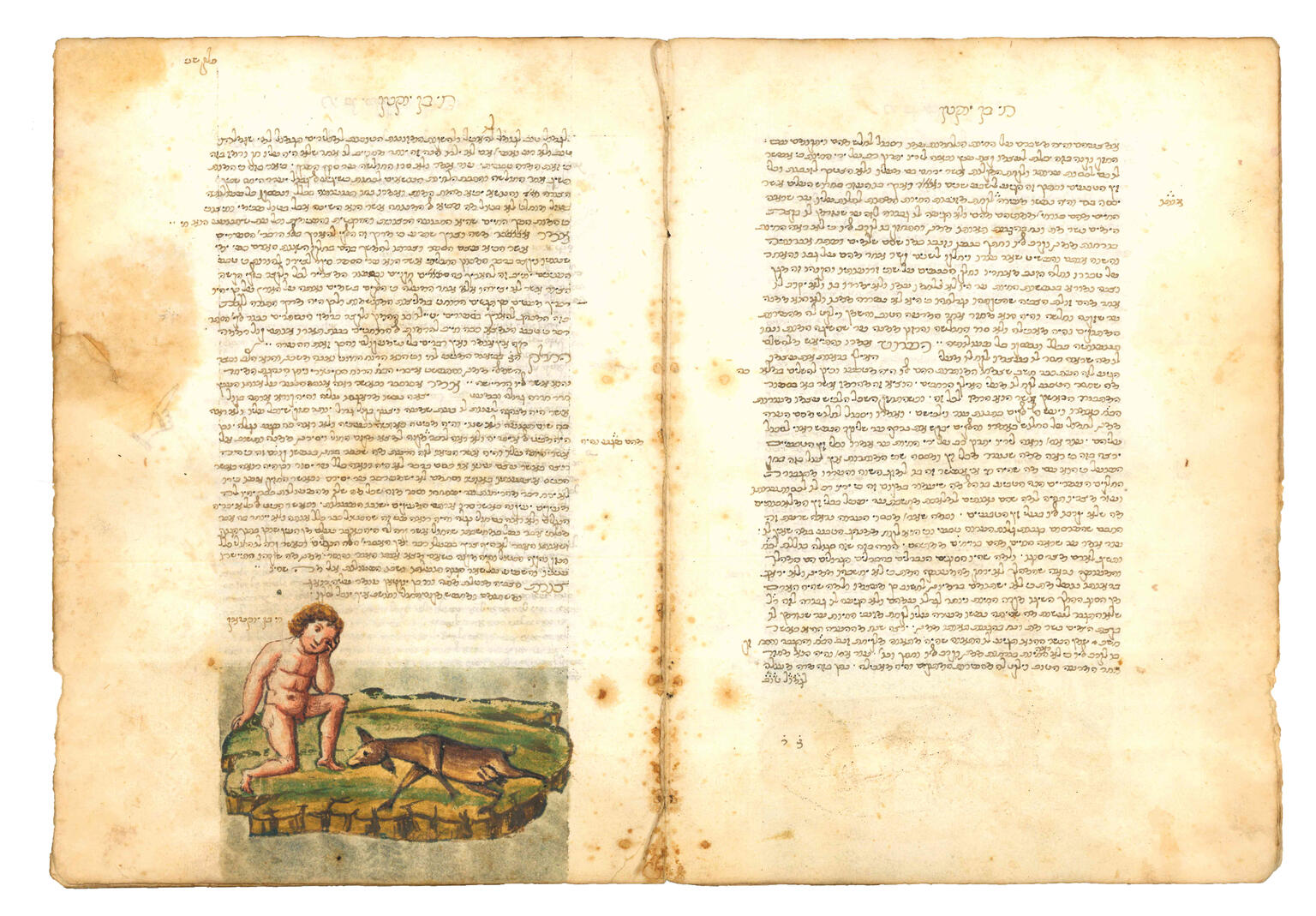 Facing-page manuscript with Hebrew text and an illustration of a naked boy sitting next to a deer on bottom margin of left-hand page. Facing-page manuscript with Hebrew text and an illustration of a naked boy sitting next to a deer on bottom margin of left-hand page.