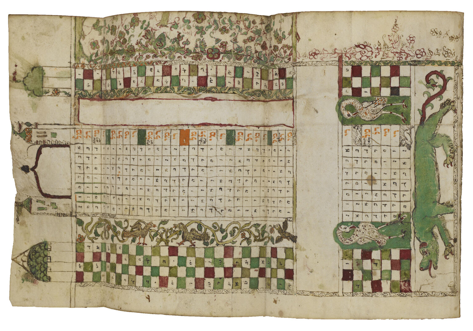 Manuscript calendar page with Hebrew letters in squares, decorated with illustrations of birds and flowers, with castle at the top and dragon at the bottom. Manuscript calendar page with Hebrew letters in squares, decorated with illustrations of birds and flowers, with castle at the top and dragon at the bottom.