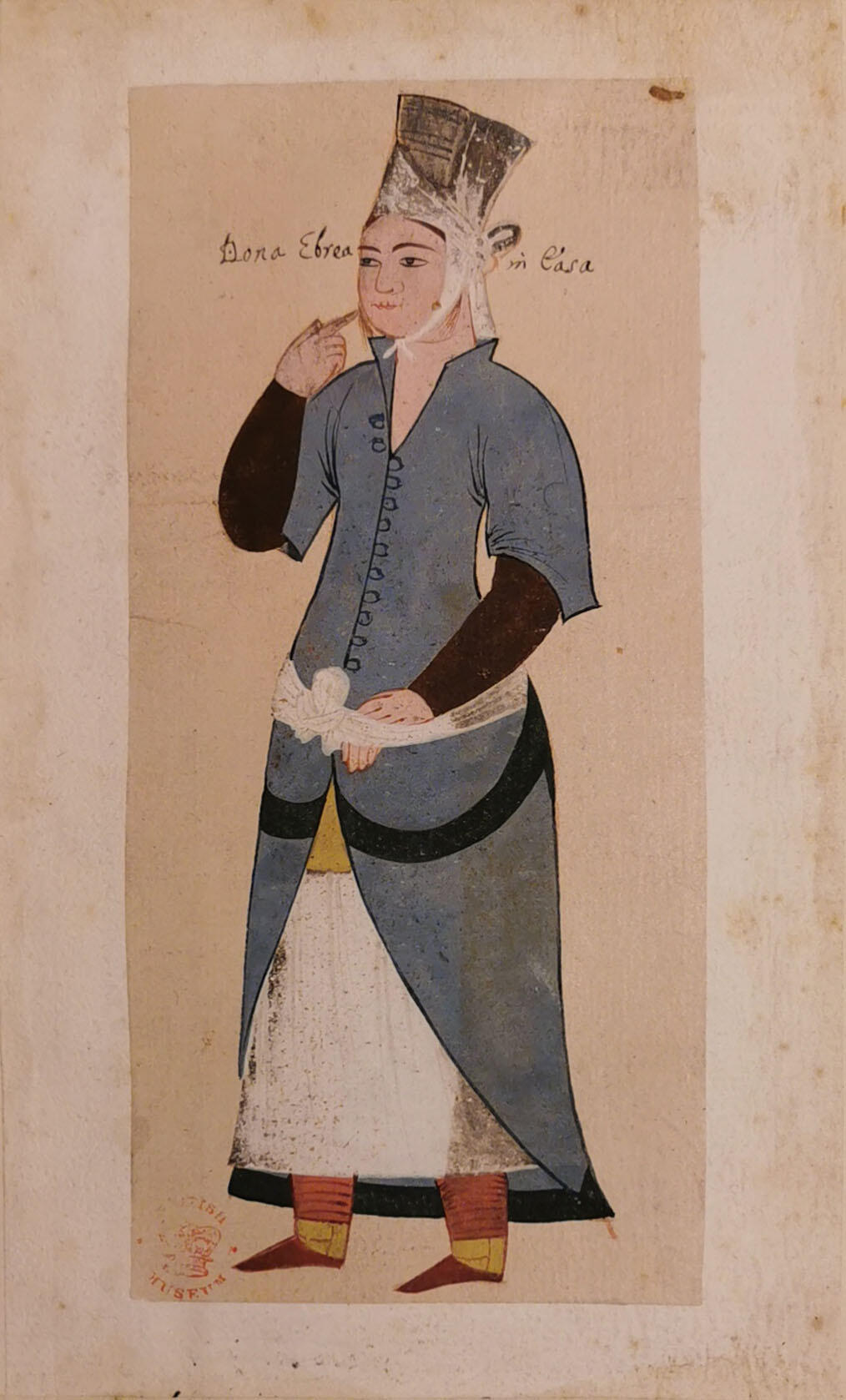 Painting of woman standing in tall hat with one hand pointing at her mouth.