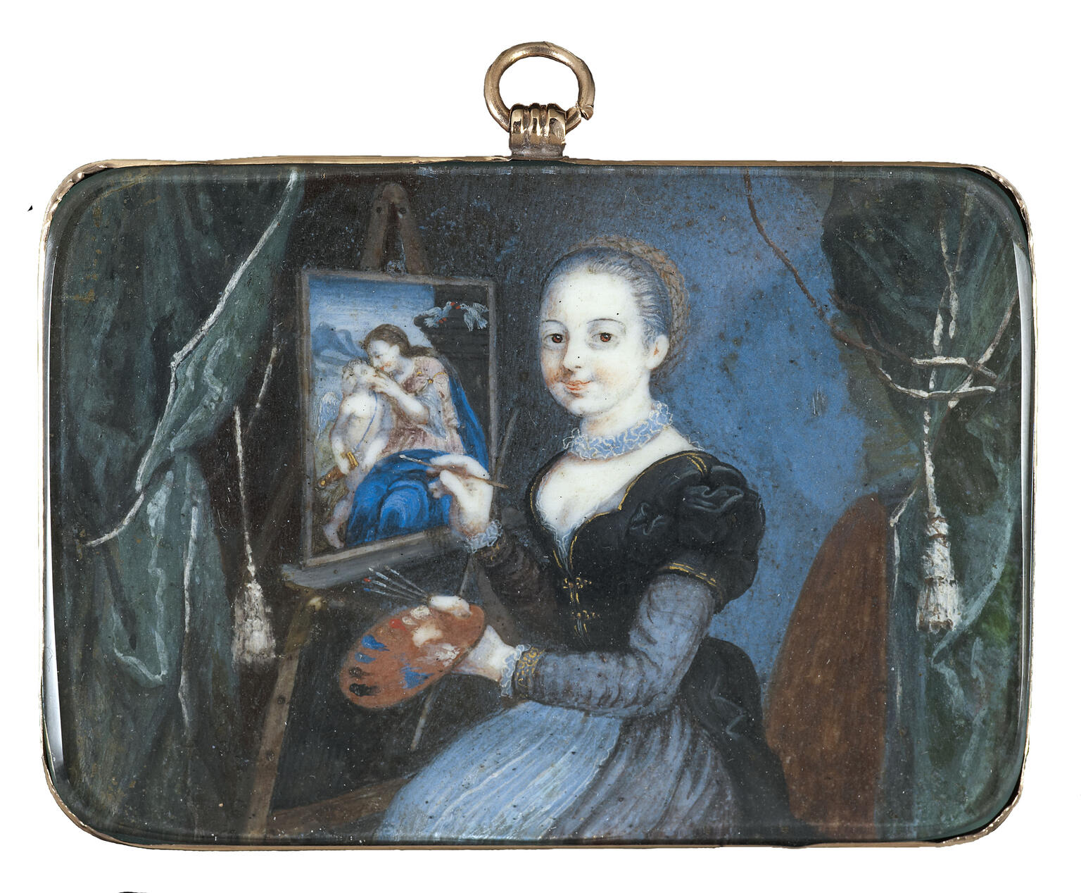 Self-Portrait Painting of woman looking at viewer holding paintbrush and palette next to painting of mother and child.