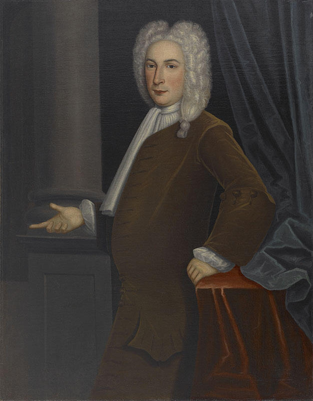 Portrait painting of man standing next to column and curtain.