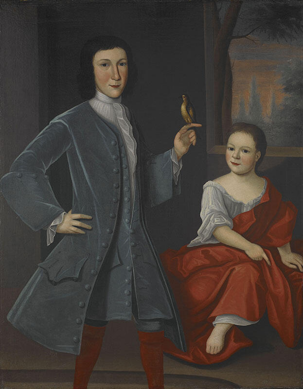 Portrait painting of boy standing with small bird on his hand next to girl sitting. 