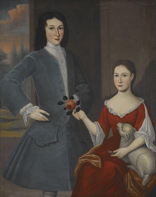 Portrait painting of boy standing next to girl sitting with rose in her hand and lamb in her lap.