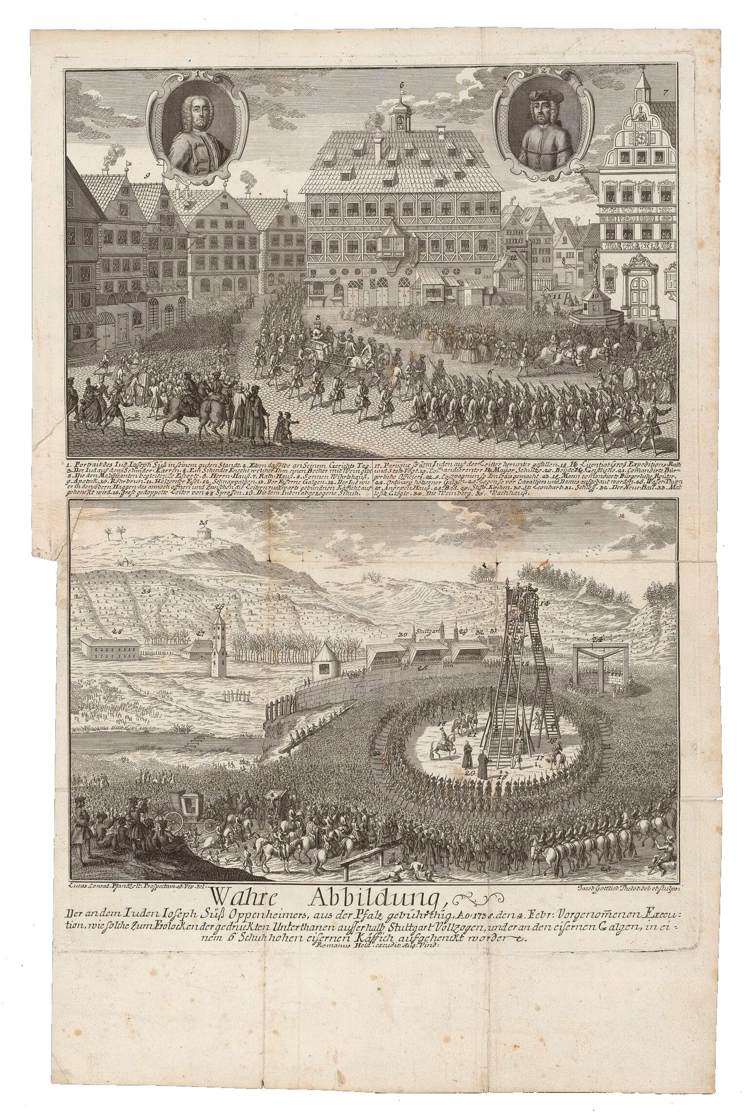 Print in two panels, with miniature portraits of two men at top of page, and German text below each panel: the top panel of procession of many people through city square, and the bottom panel of large crowd of people outdoors around a gallows on a tower.
