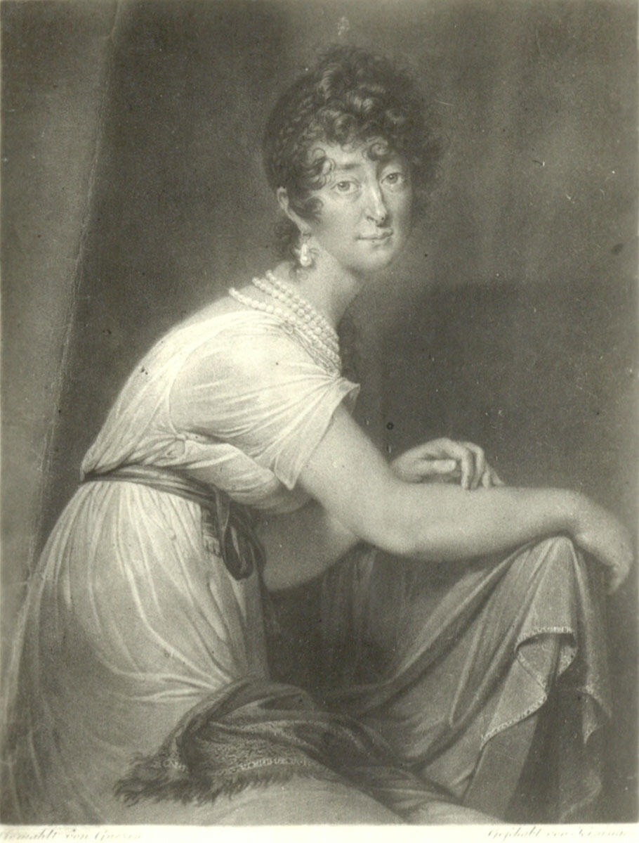 Painting of woman sitting sideways on a chair, with arms draped over the chair back and facing viewer, wearing short-sleeved dress, pearls, sash, and a curly updo. Painting of woman sitting sideways on a chair, with arms draped over the chair back and facing viewer, wearing short-sleeved dress, pearls, sash, and a curly updo.