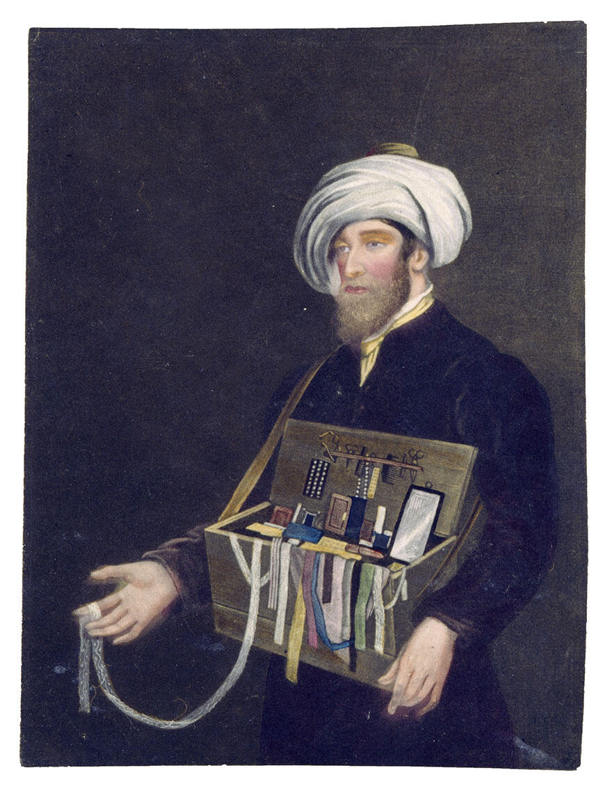 Mezzotint of peddler in turban presenting box of objects. Mezzotint of peddler in turban presenting box of objects.