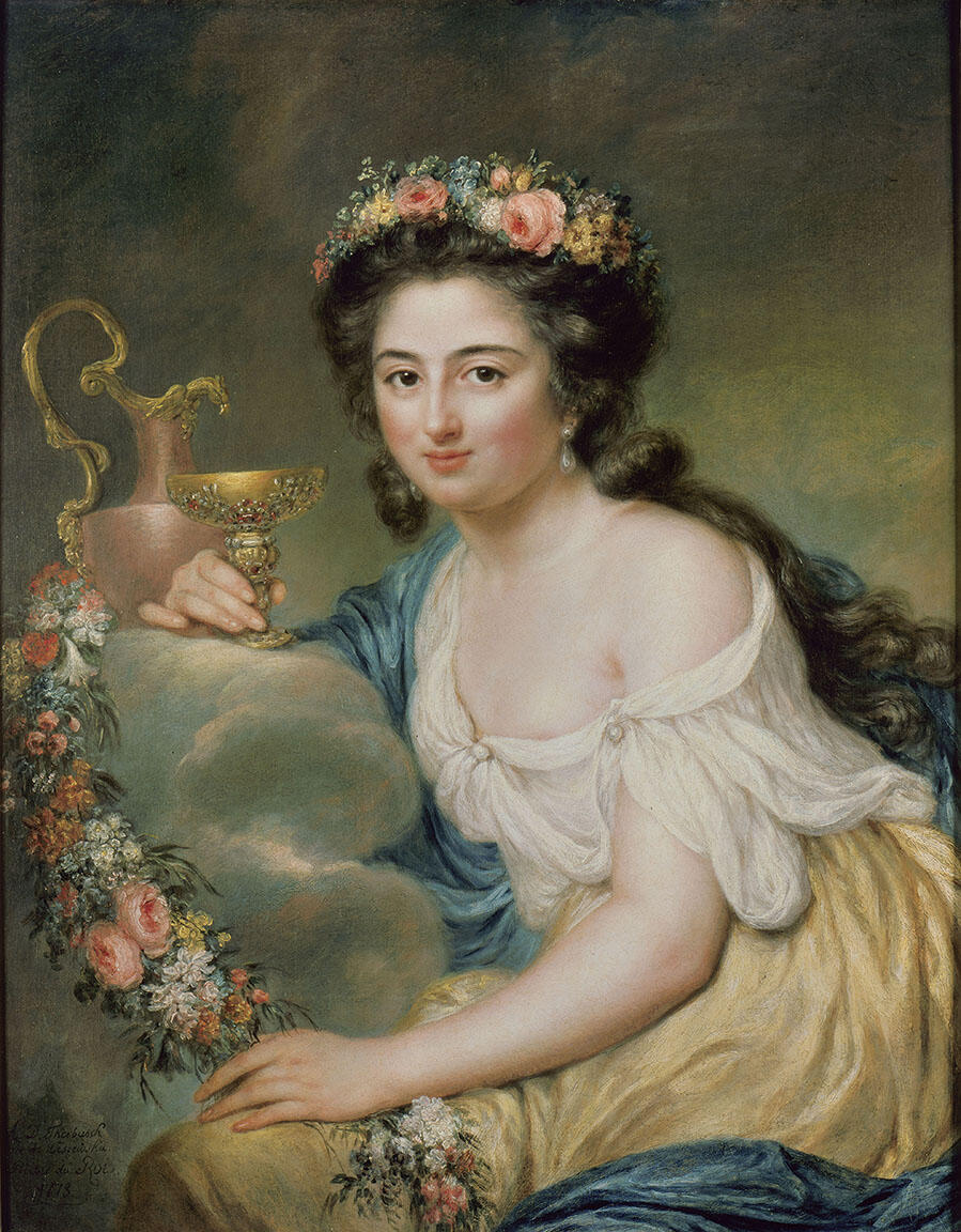 Portrait painting of seated woman facing viewer holding cup and floral garland, wearing flowing dress. Portrait painting of seated woman facing viewer holding cup and floral garland, wearing flowing dress.