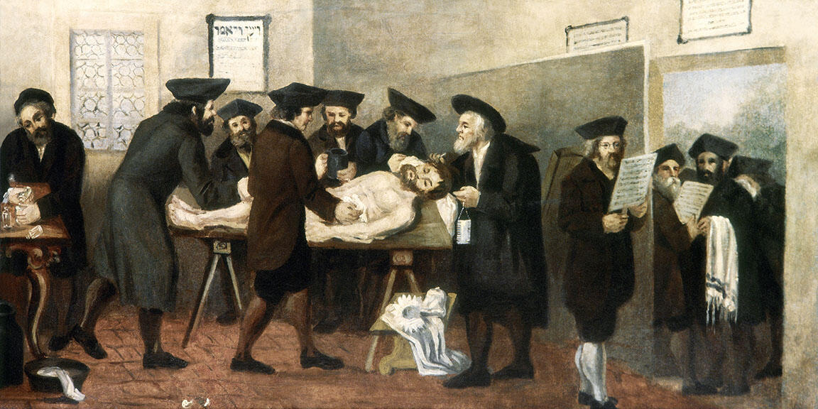 Painting of men in hats and coats washing dead body Painting of men in hats and coats washing dead body