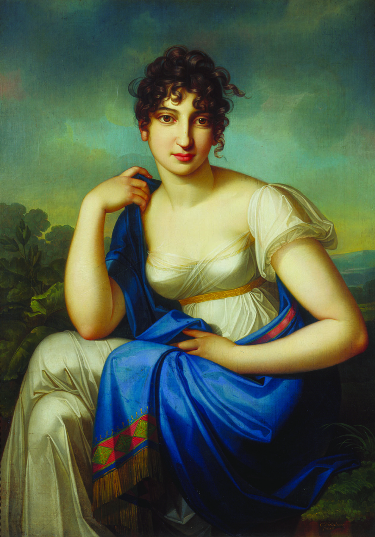 Portrait painting of woman in dress and decorative shawl sitting with natural landscape in background.
