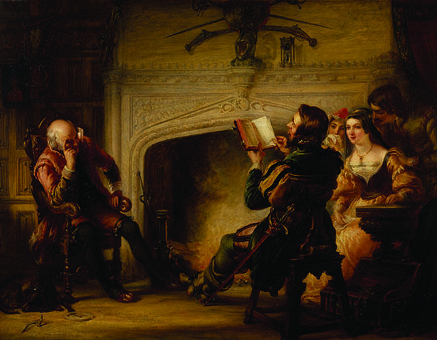 Painting of domestic interior showing figures of men and women listening to a man reading.