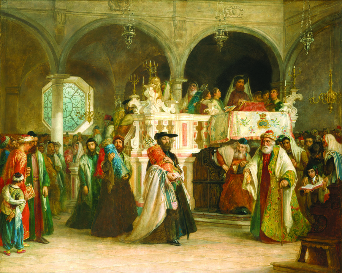 Painting depicting interior of building with arched columns featuring men in robes, hats, and turbans carrying Torah scrolls. Painting depicting interior of building with arched columns featuring men in robes, hats, and turbans carrying Torah scrolls.