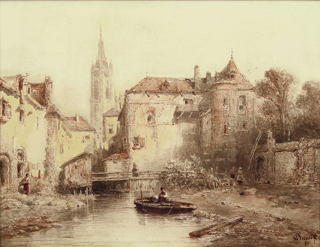 Ink and watercolor on paper depicting waterway with man in boat in foreground and city buildings, including bell tower, in background. Ink and watercolor on paper depicting waterway with man in boat in foreground and city buildings, including bell tower, in background.