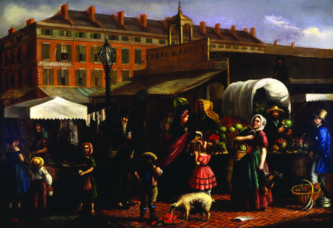 Painting of animals, men, women, and children at a street market with vendors. Painting of animals, men, women, and children at a street market with vendors.