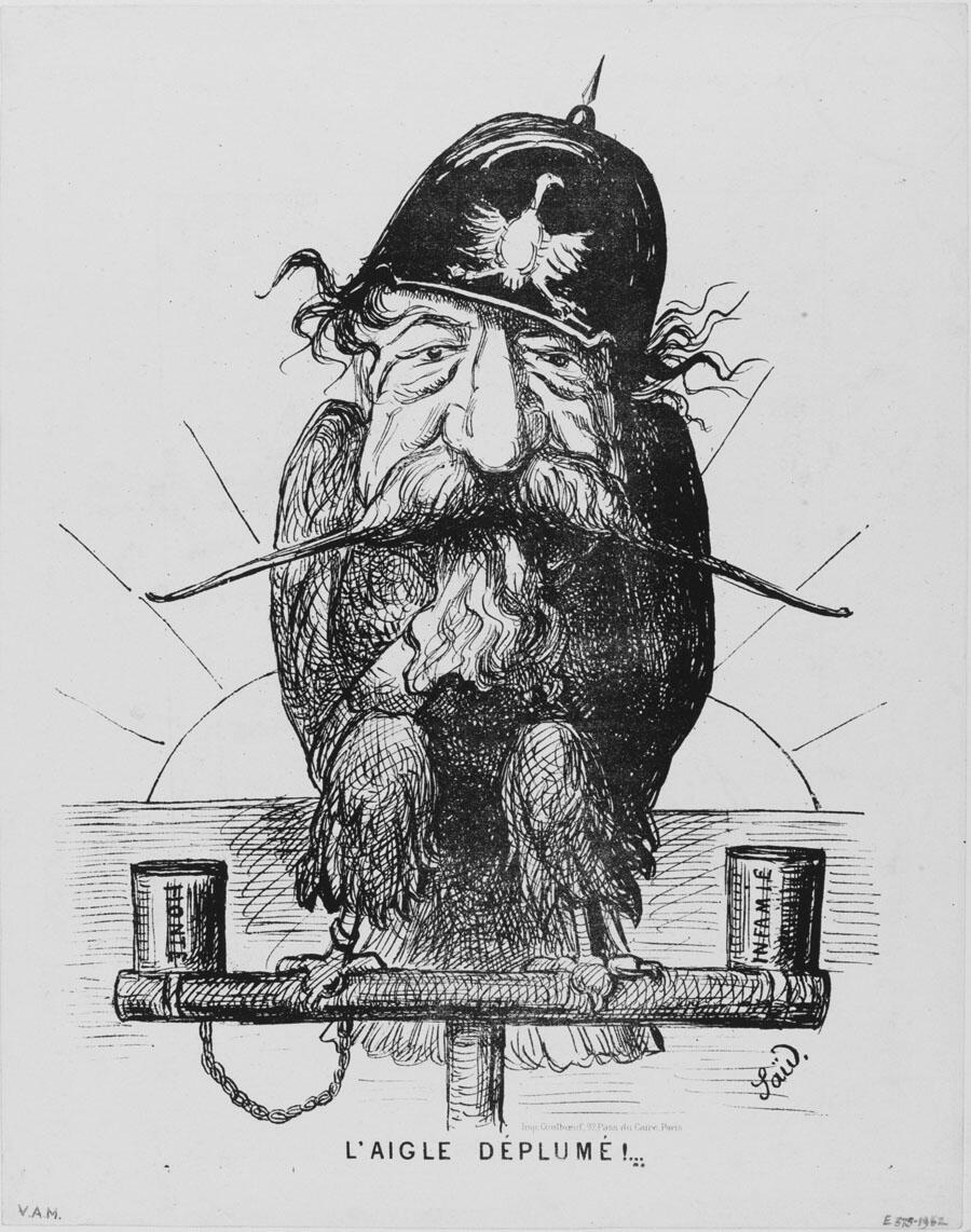 Print depicting a man's head wearing helmet on an eagle's body chained to a perch and French caption. Print depicting a man's head wearing helmet on an eagle's body chained to a perch and French caption.