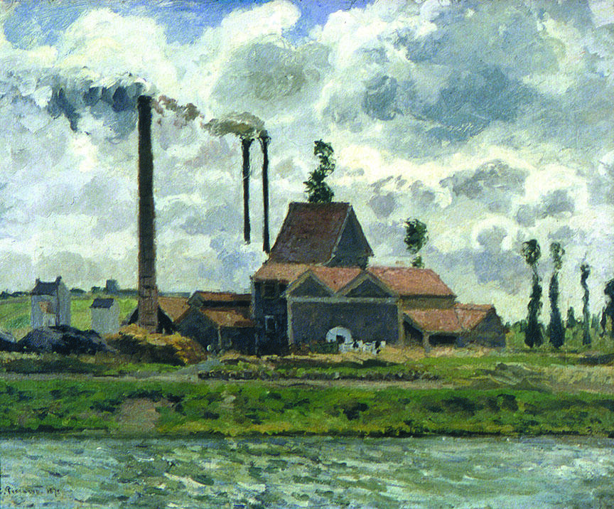 Painting of factory in background and water in foreground. Painting of factory in background and water in foreground.