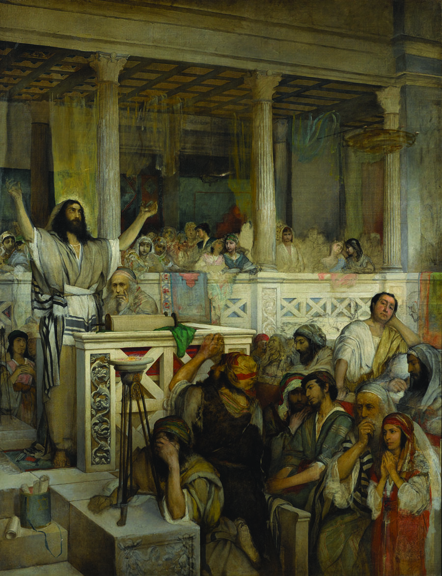 Painting of crowd in rows looking at figure standing at podium.