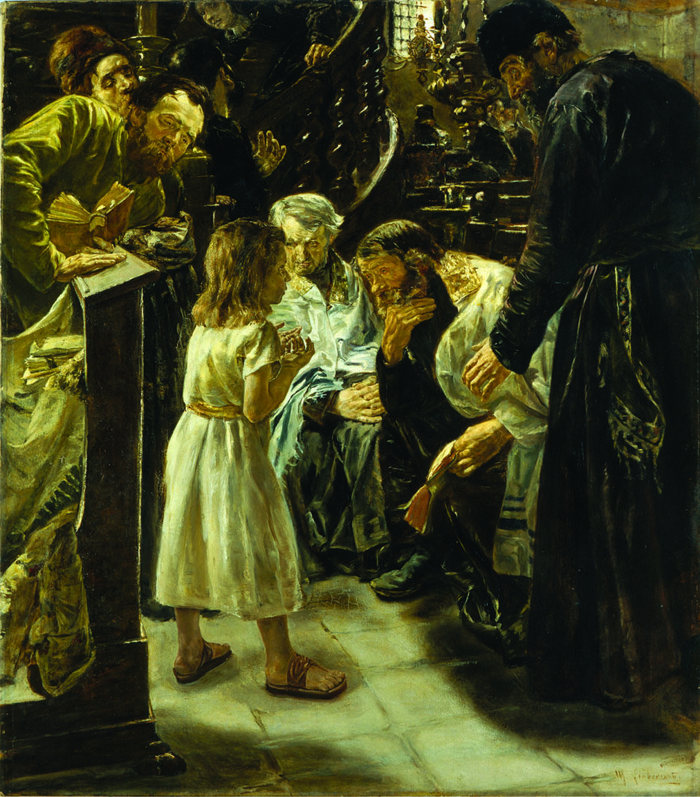 Painting of men next to lectern and staircase crowding around young boy. Painting of men next to lectern and staircase crowding around young boy.