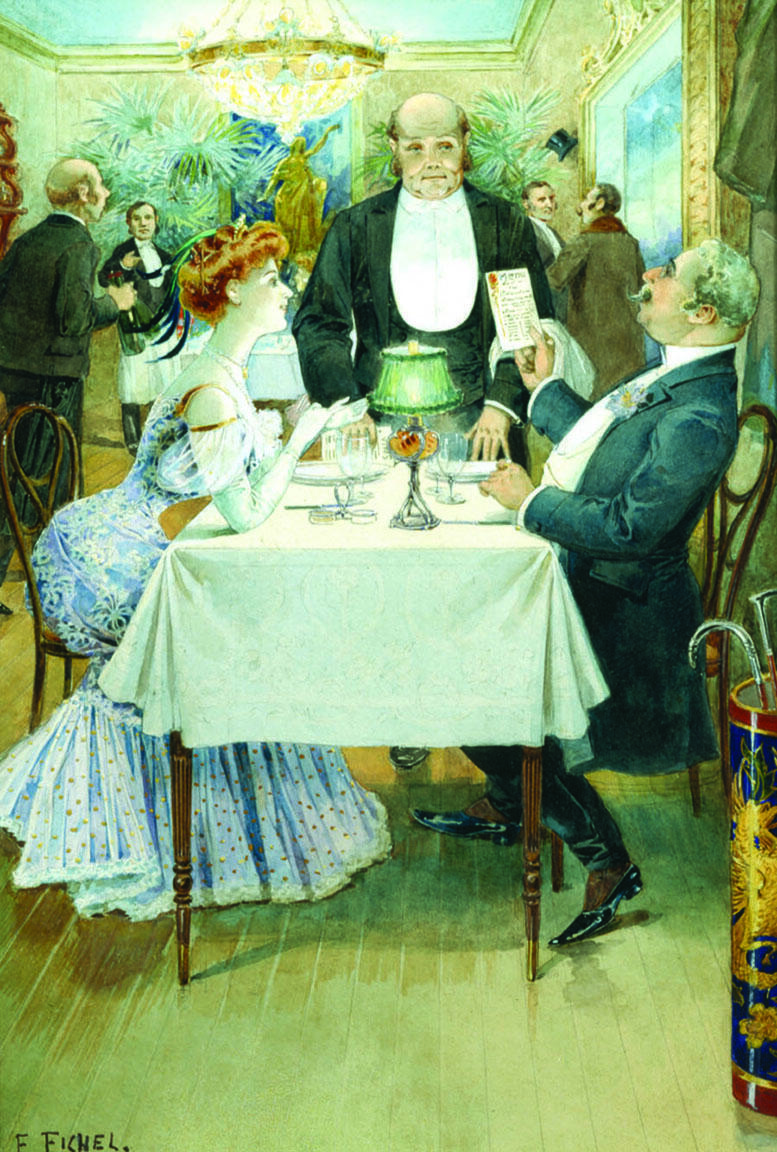 Painting depicting man and woman at a restaurant table as their server stands between them. Painting depicting man and woman at a restaurant table as their server stands between them.