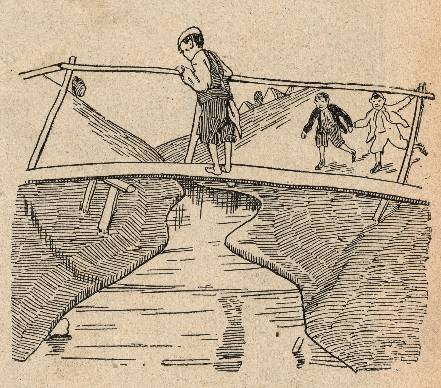 Drawing of person standing on bridge over river, and two people running on riverbank toward bridge.