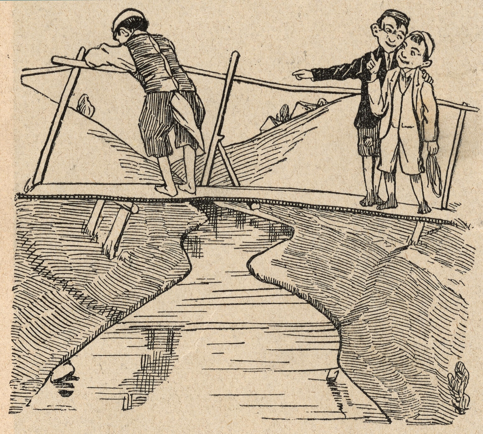 Drawing of three people standing on bridge over river. 