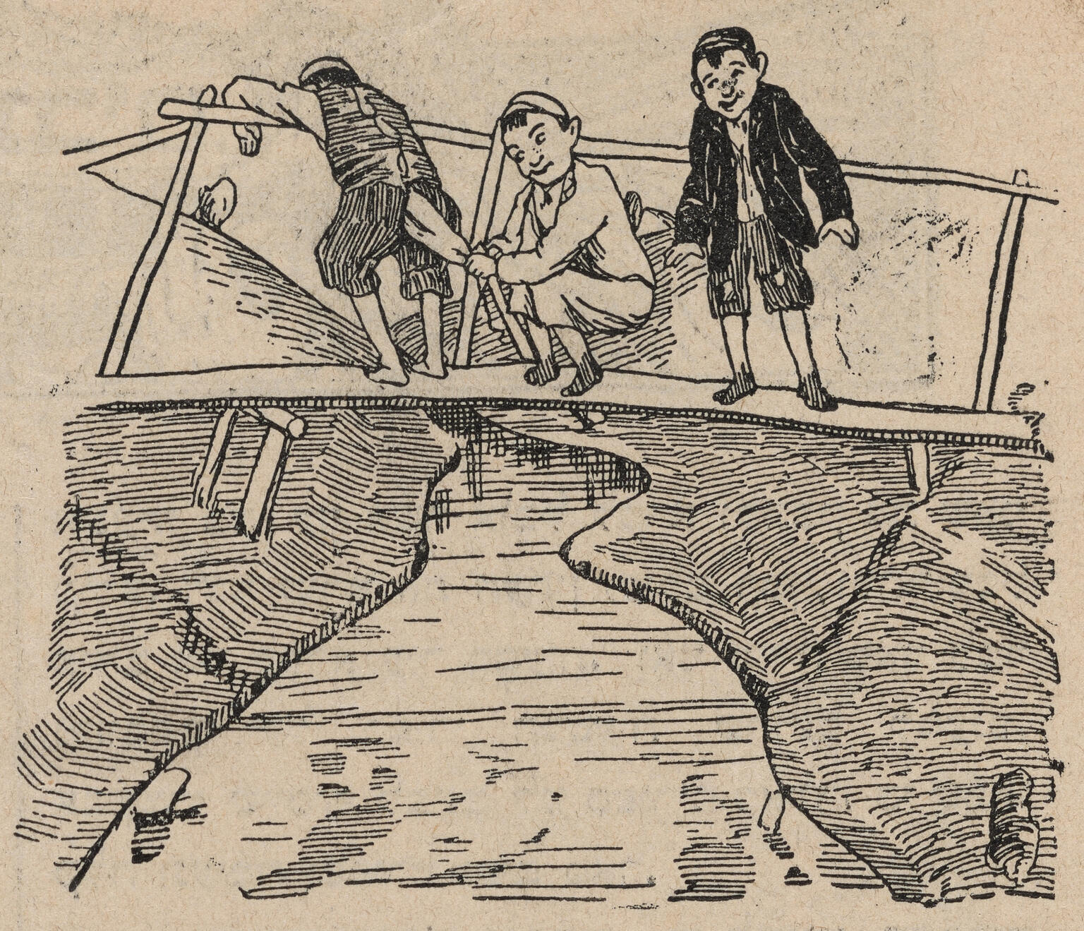 Drawing of three people standing on bridge over river, with one tying the pants of another to the bridge. 