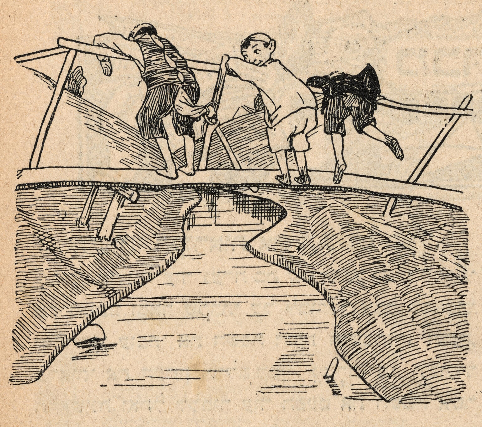 Drawing of three people standing on bridge over river, with the pants of one tied to the bridge. 