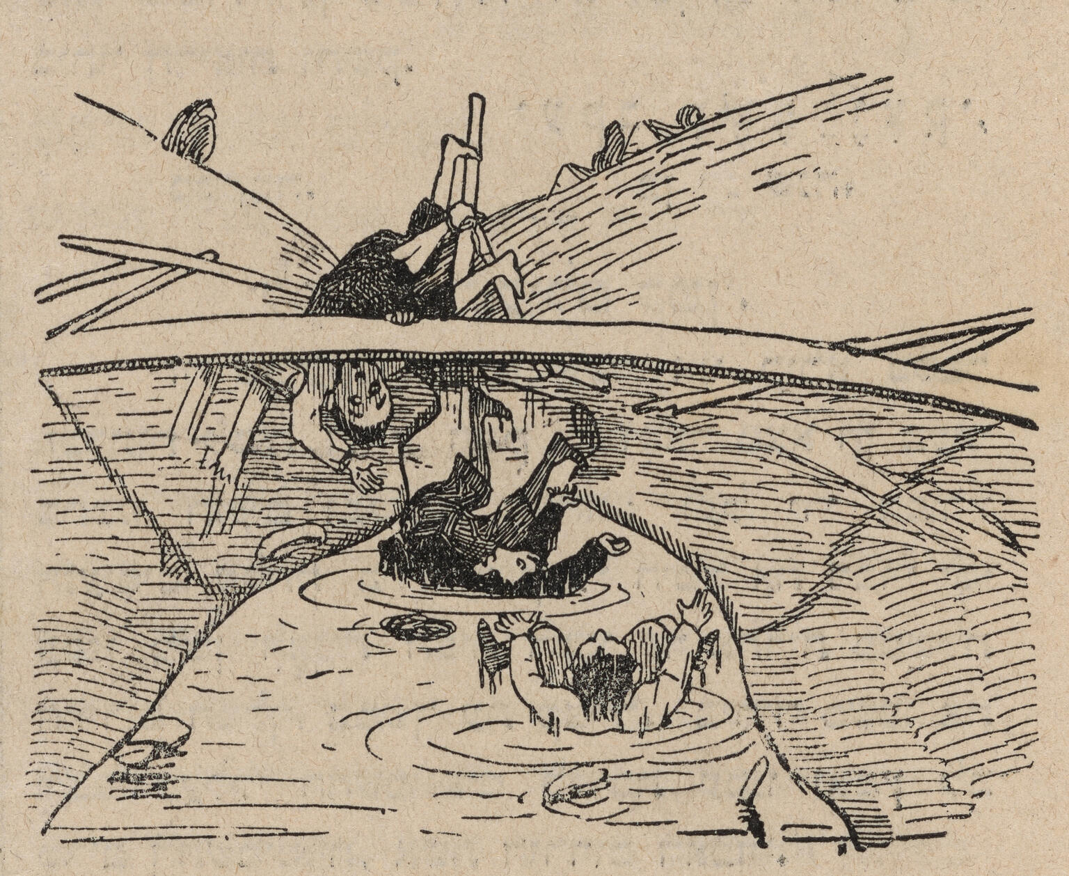 Drawing of two people about to fall into the river from broken bridge. 