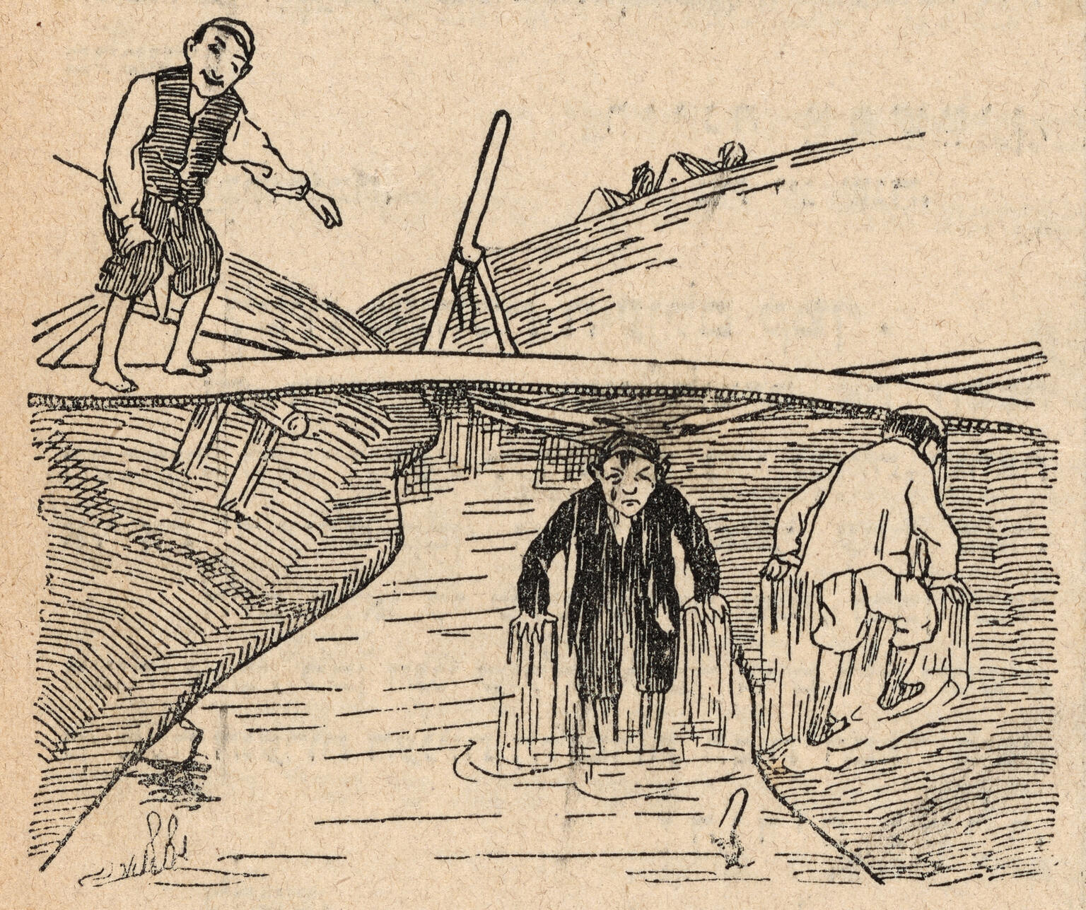 Drawing of two people in the river and another on the bridge. 