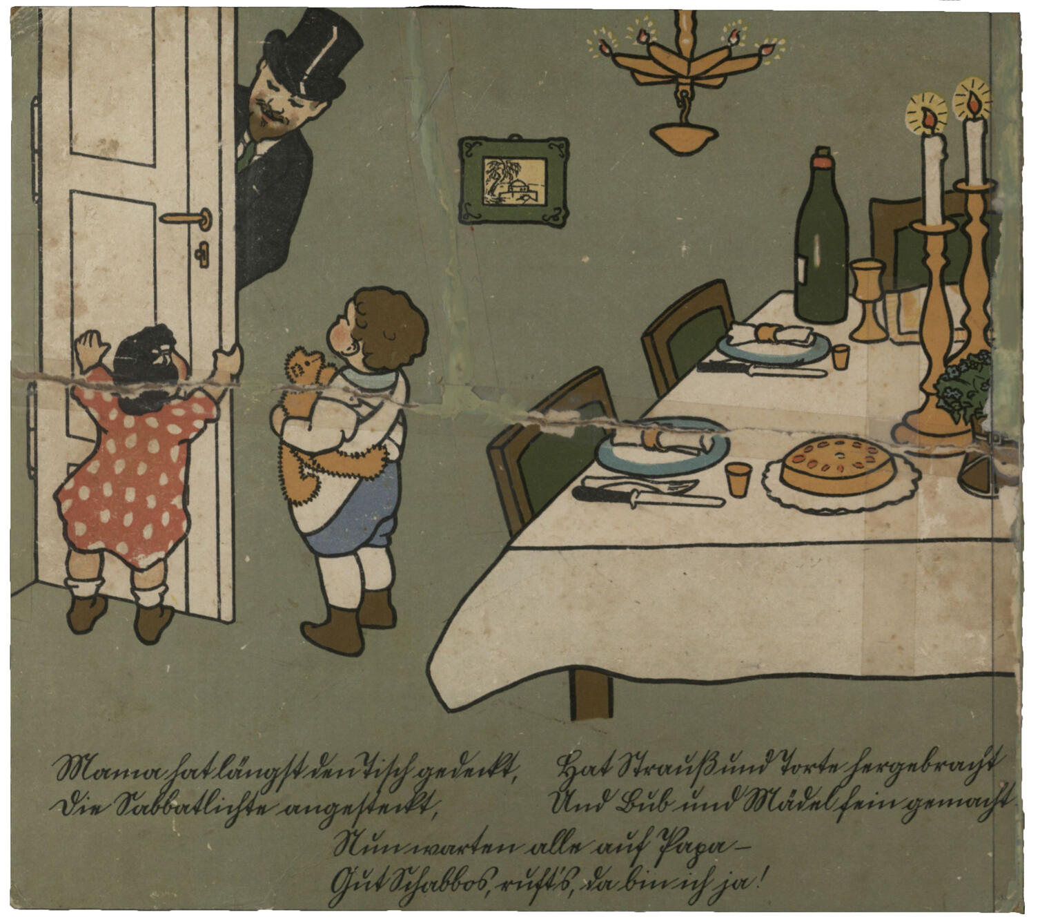 Illustration of two children greeting a man at the door to a dining room, where the table is set with flowers, cake, and lit candles.