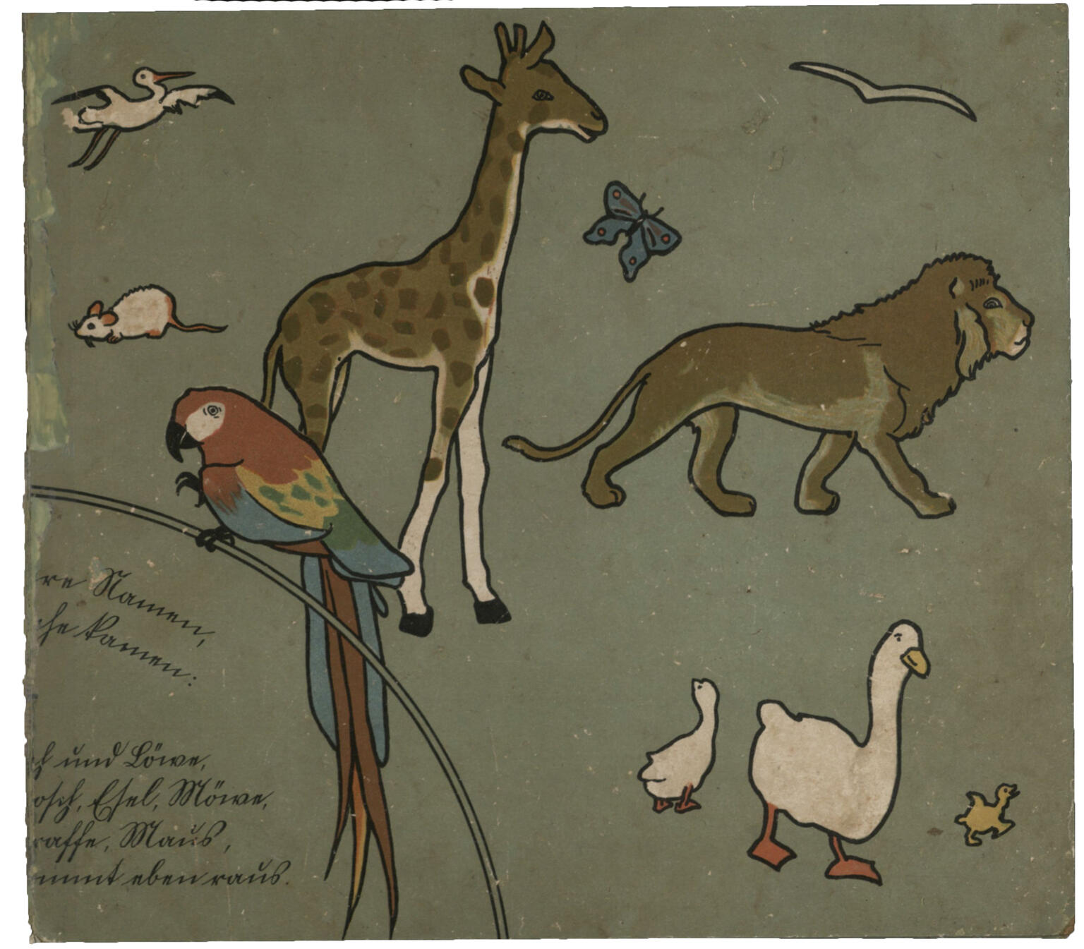 Illustration of giraffe, lion, mouse, geese, parrot, and several other small animals, and German text in bottom left corner. 