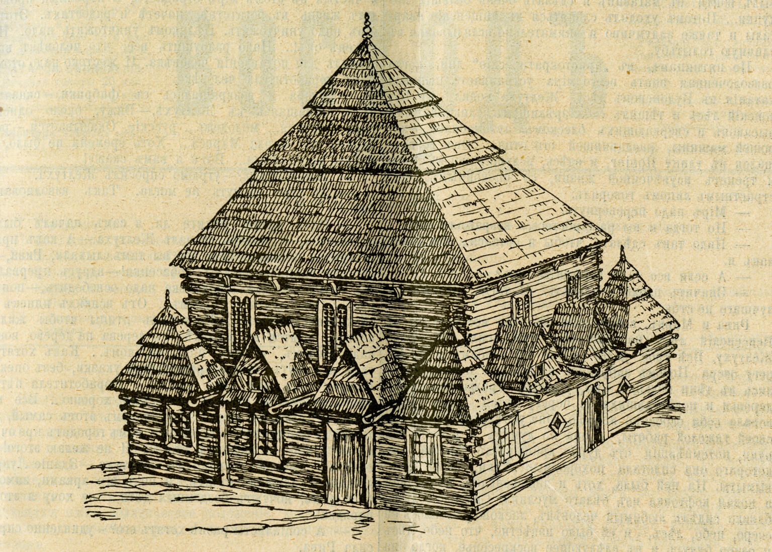 Illustration of wooden building.
