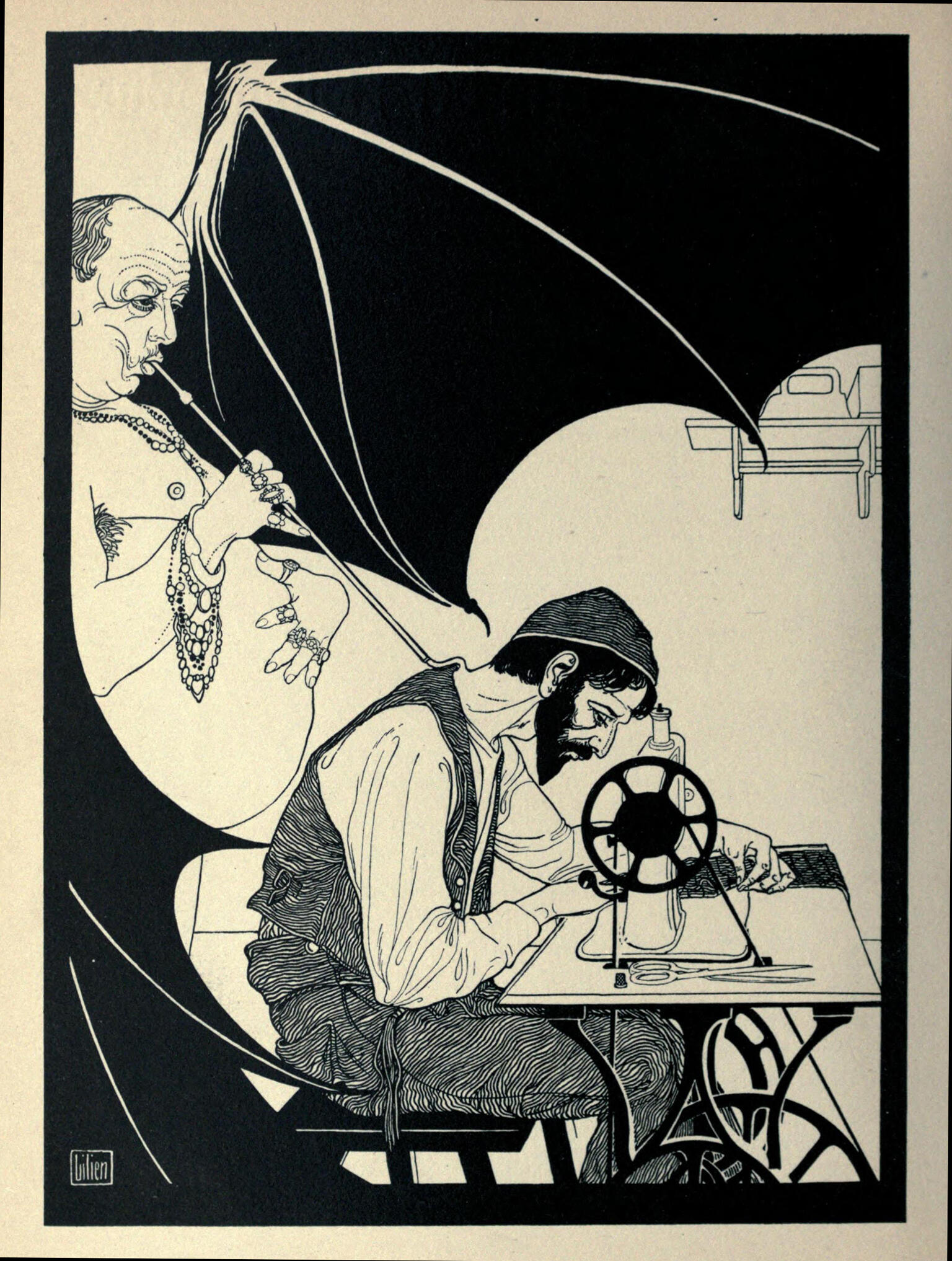 Illustration of winged devil sucking blood from the neck of a man in head covering seated at a sewing machine. Illustration of winged devil sucking blood from the neck of a man in head covering seated at a sewing machine.